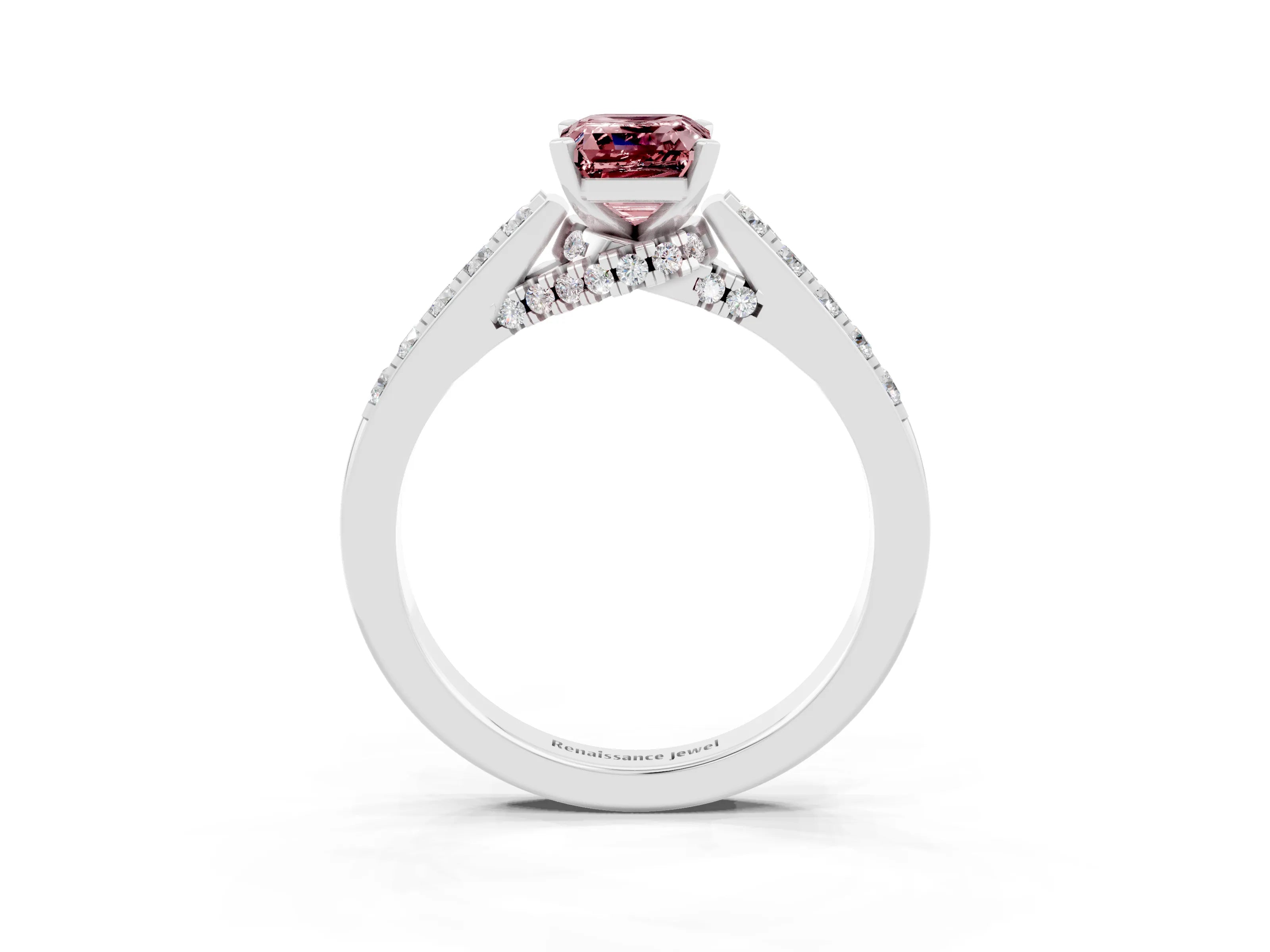 White gold Emerald Cut Diamond Solitaire Ring with Pavé Band and Prong Setting_3