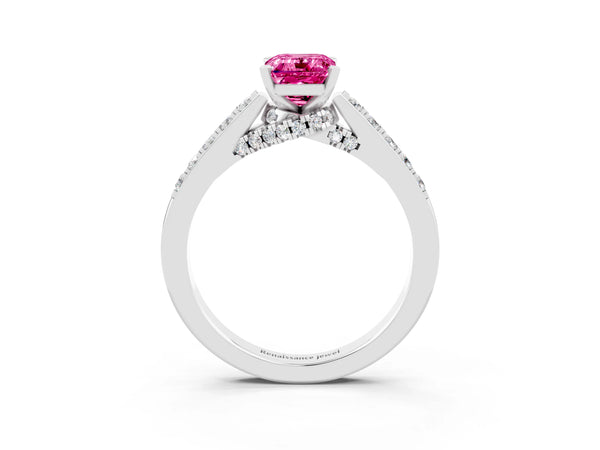 Silver Emerald Cut Pink Sapphire Solitaire Ring with Crossover Gallery and Round  Pavé Band
