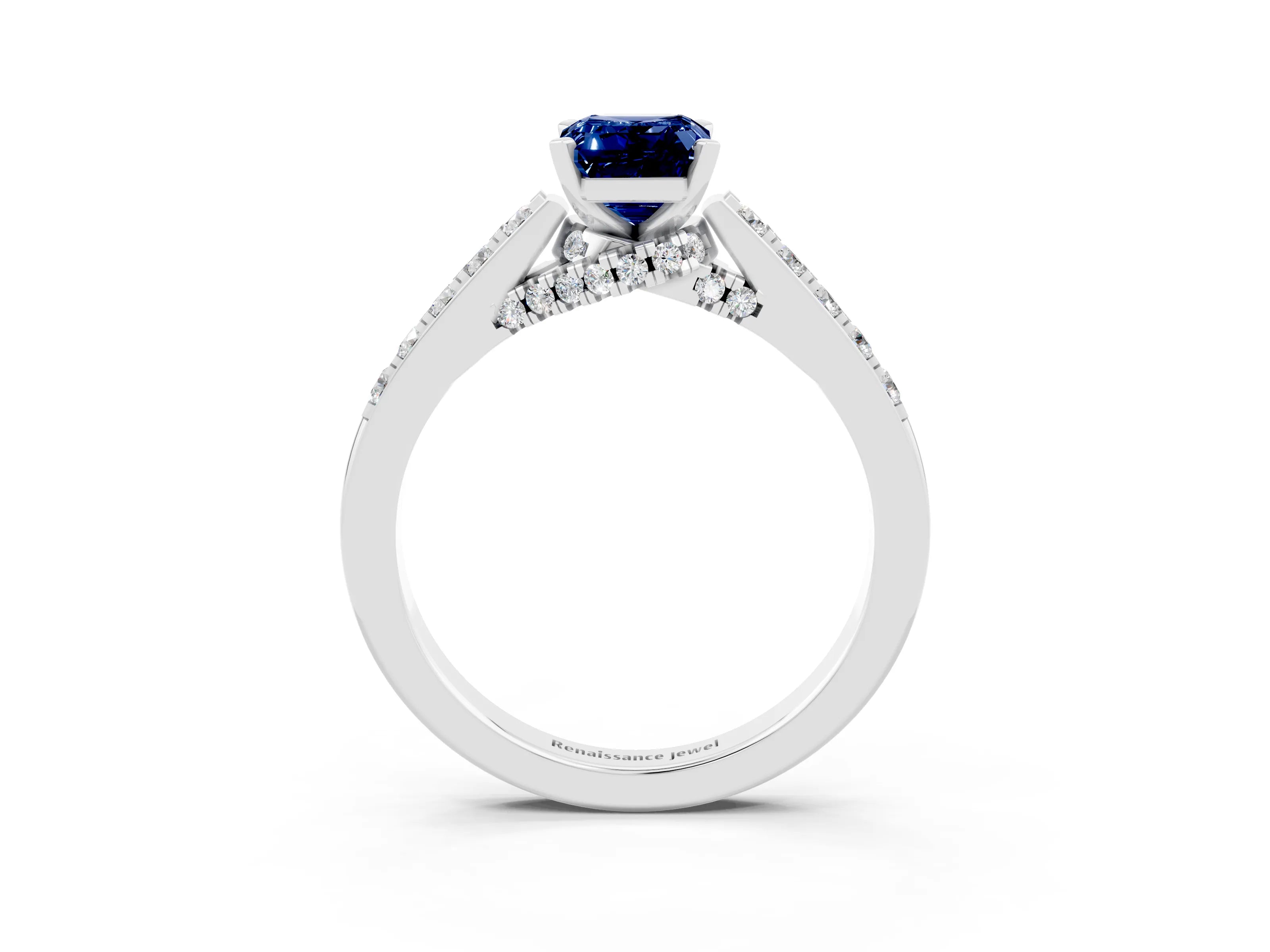 White gold Emerald Cut Diamond Solitaire Ring with Pavé Band and Prong Setting_3