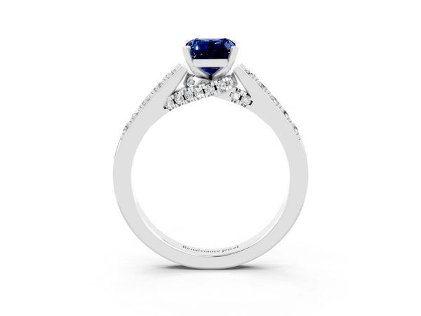 Platinum Emerald Cut Blue Sapphire Solitaire Ring with Crossover Gallery and Round  Pavé Band