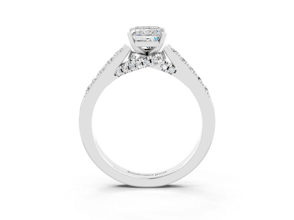 Platinum Emerald Cut Moissanite Solitaire Ring with Crossover Gallery and Round  Pavé Band