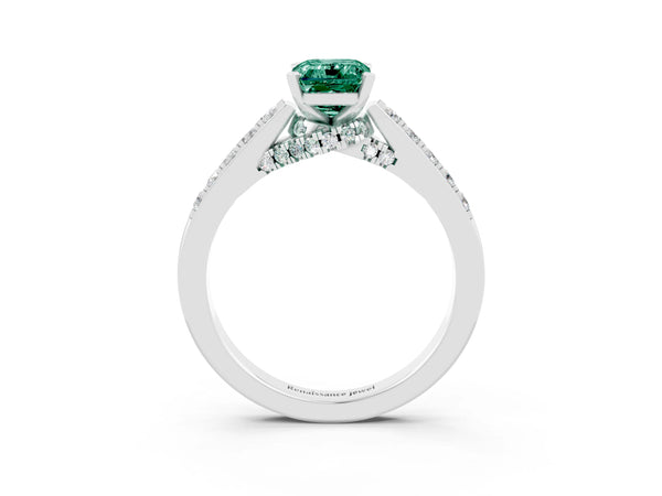 White gold Emerald Cut Green Sapphire Solitaire Ring with Crossover Gallery and Round  Pavé Band
