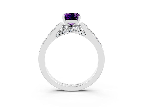 Platinum Emerald Cut Amethyst Solitaire Ring with Crossover Gallery and Round  Pavé Band