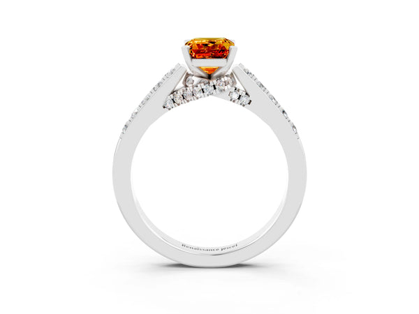 White gold Emerald Cut Citrine Solitaire Ring with Crossover Gallery and Round  Pavé Band