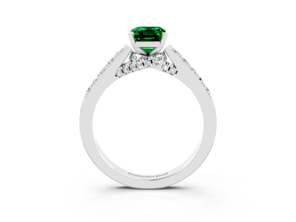 Platinum Emerald Cut Emerald Solitaire Ring with Crossover Gallery and Round  Pavé Band