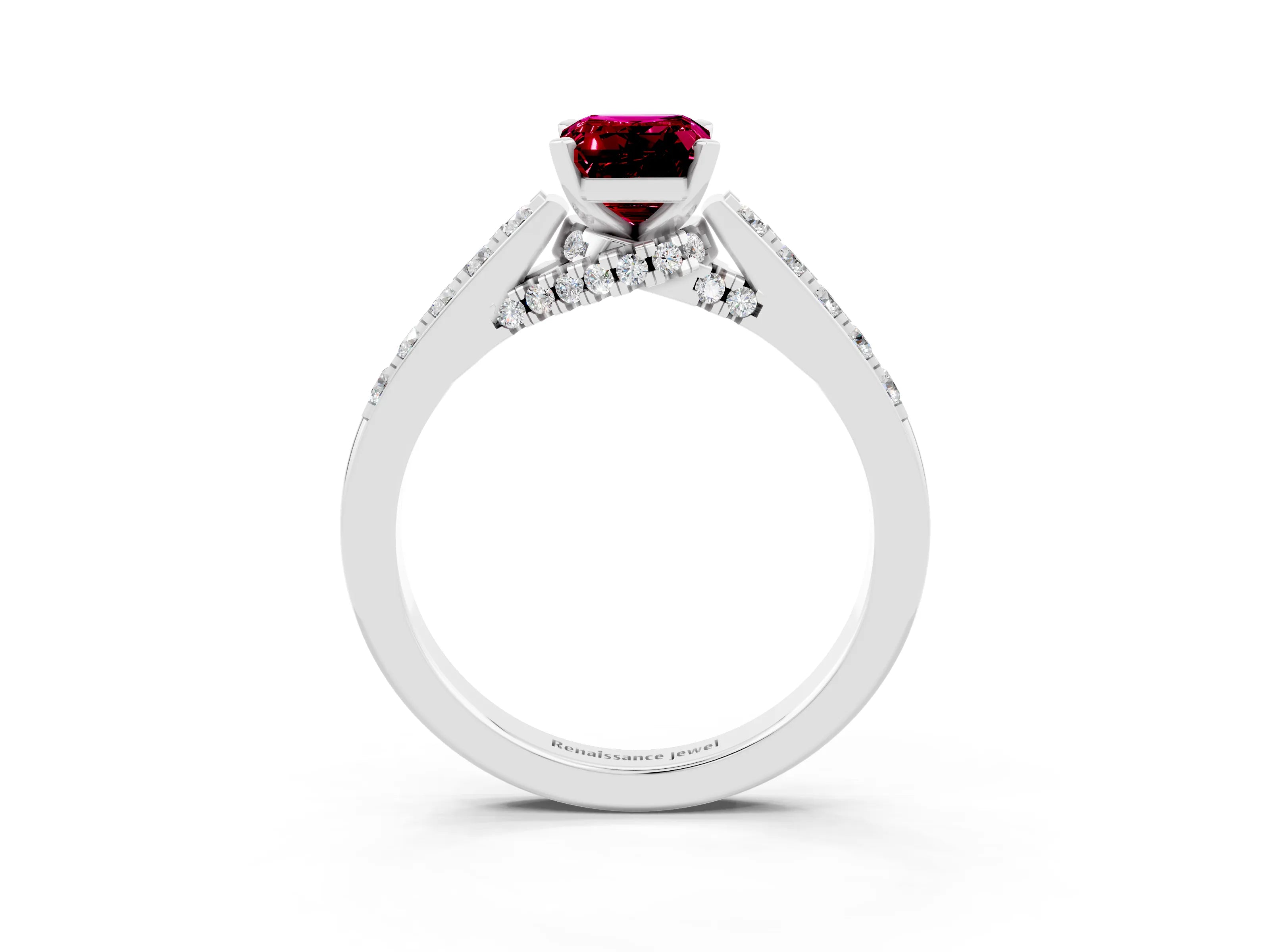 White gold Emerald Cut Diamond Solitaire Ring with Pavé Band and Prong Setting_3