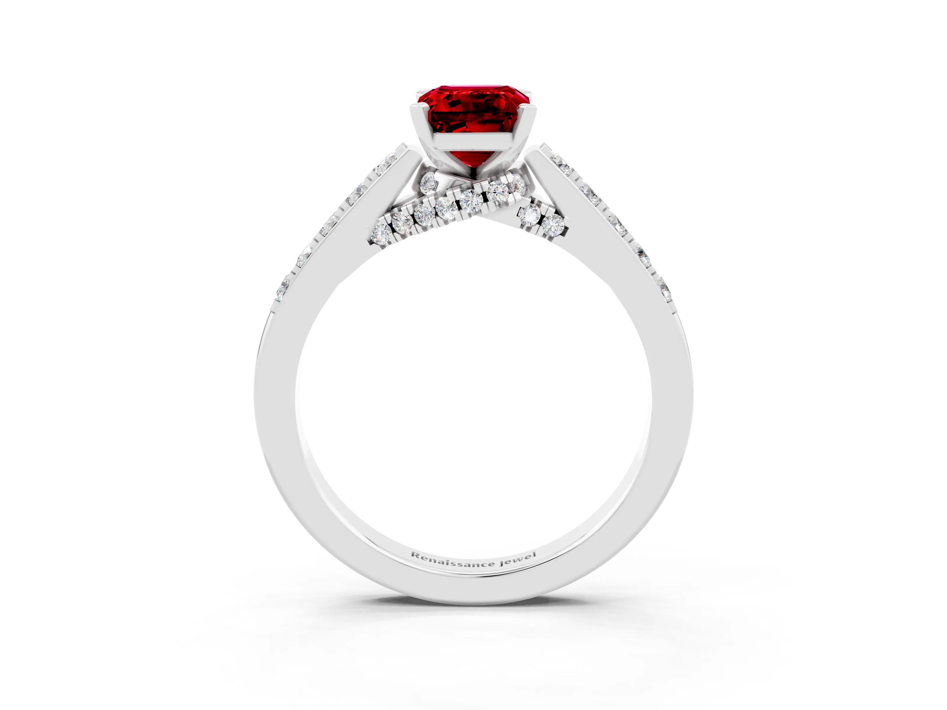 White gold Emerald Cut Diamond Solitaire Ring with Pavé Band and Prong Setting_3