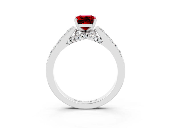 White gold Emerald Cut Ruby Solitaire Ring with Crossover Gallery and Round  Pavé Band