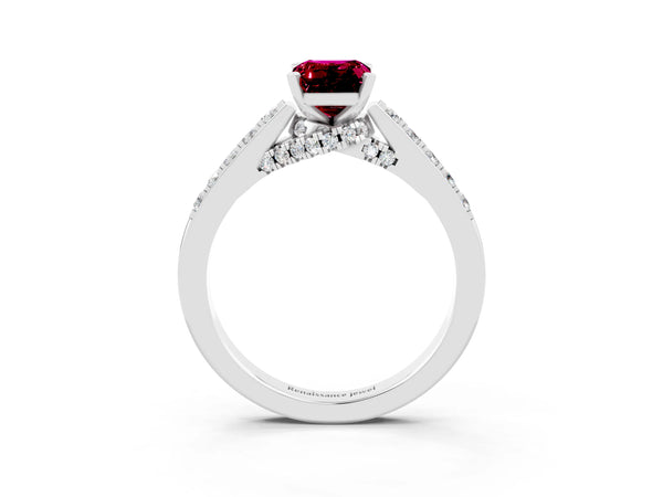 Platinum Emerald Cut Garnet Solitaire Ring with Crossover Gallery and Round  Pavé Band