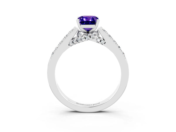 White gold Emerald Cut Tanzanite Solitaire Ring with Crossover Gallery and Round  Pavé Band