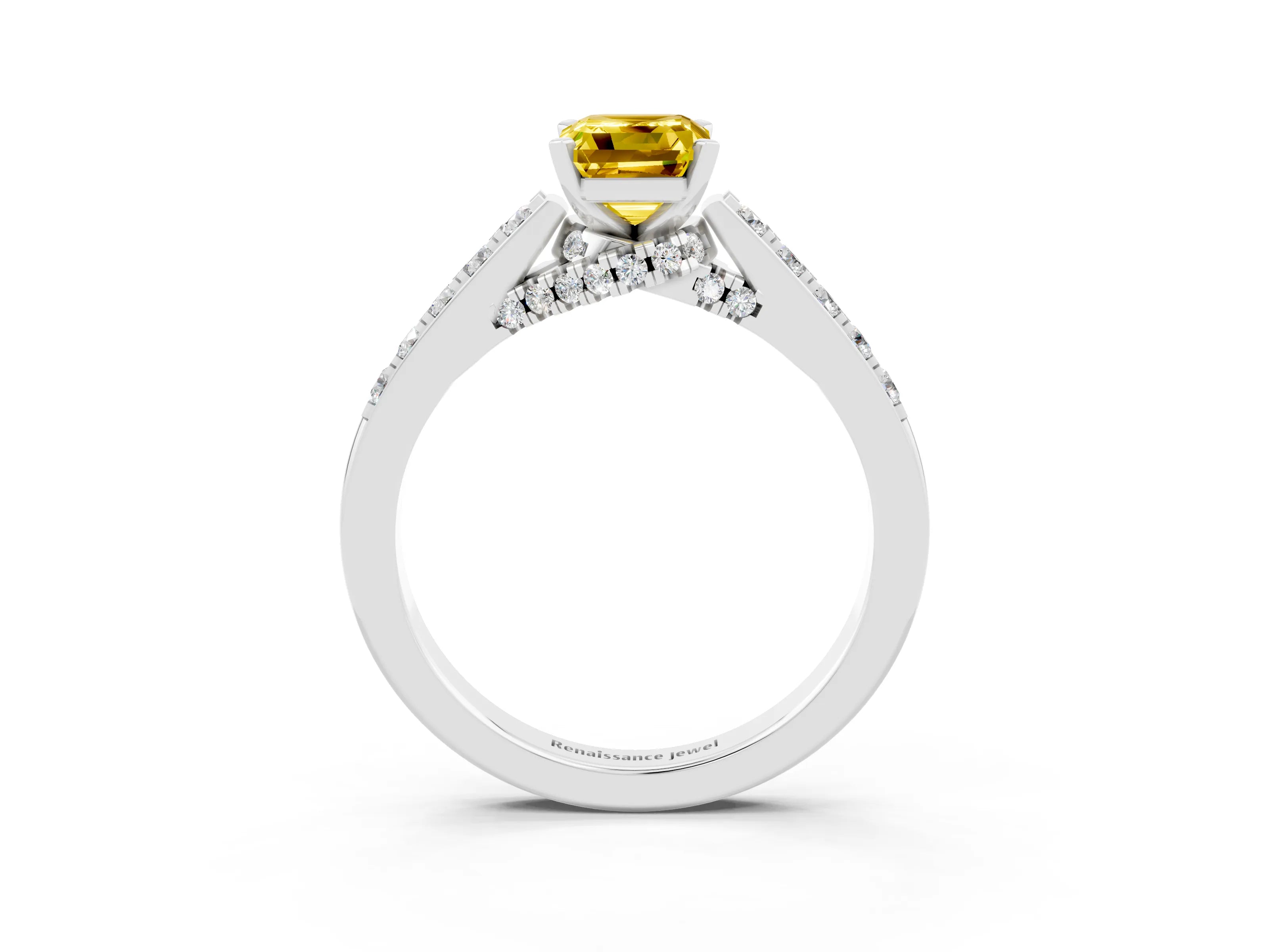 White gold Emerald Cut Diamond Solitaire Ring with Pavé Band and Prong Setting_3