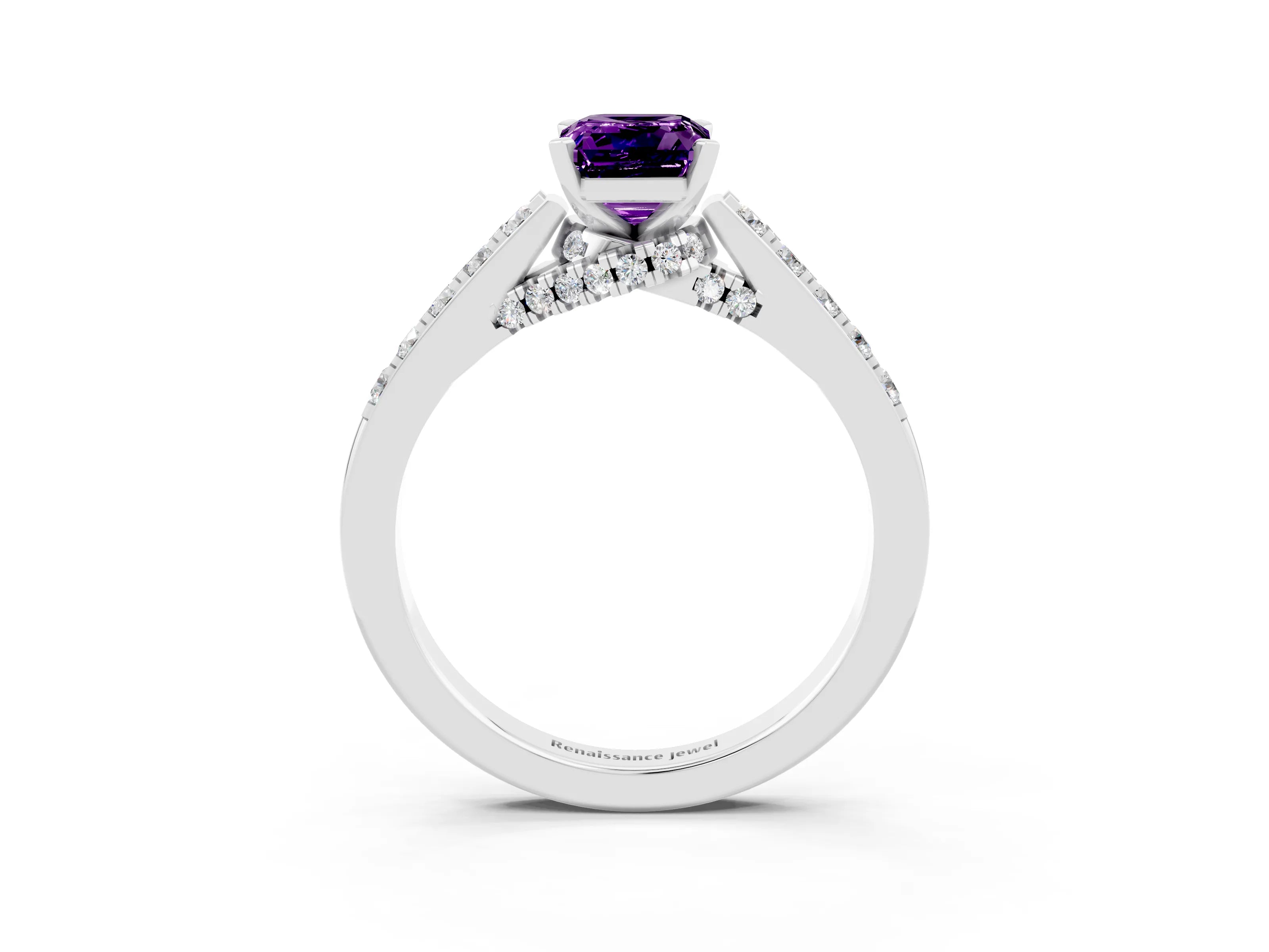 White gold Emerald Cut Diamond Solitaire Ring with Pavé Band and Prong Setting_3
