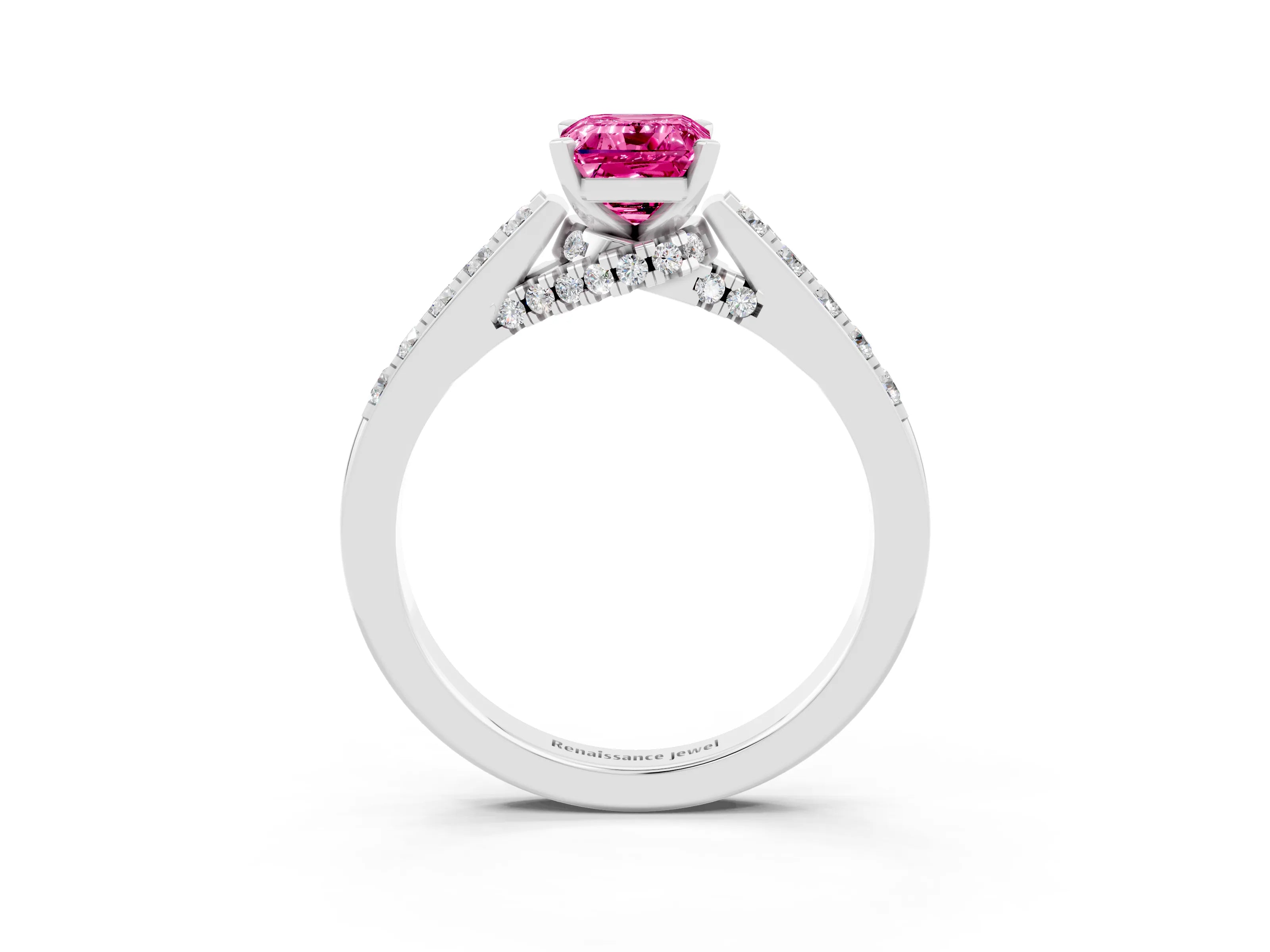 White gold Emerald Cut Diamond Solitaire Ring with Pavé Band and Prong Setting_3