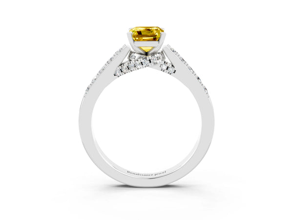 White gold Emerald Cut Yellow Sapphire Solitaire Ring with Crossover Gallery and Round  Pavé Band