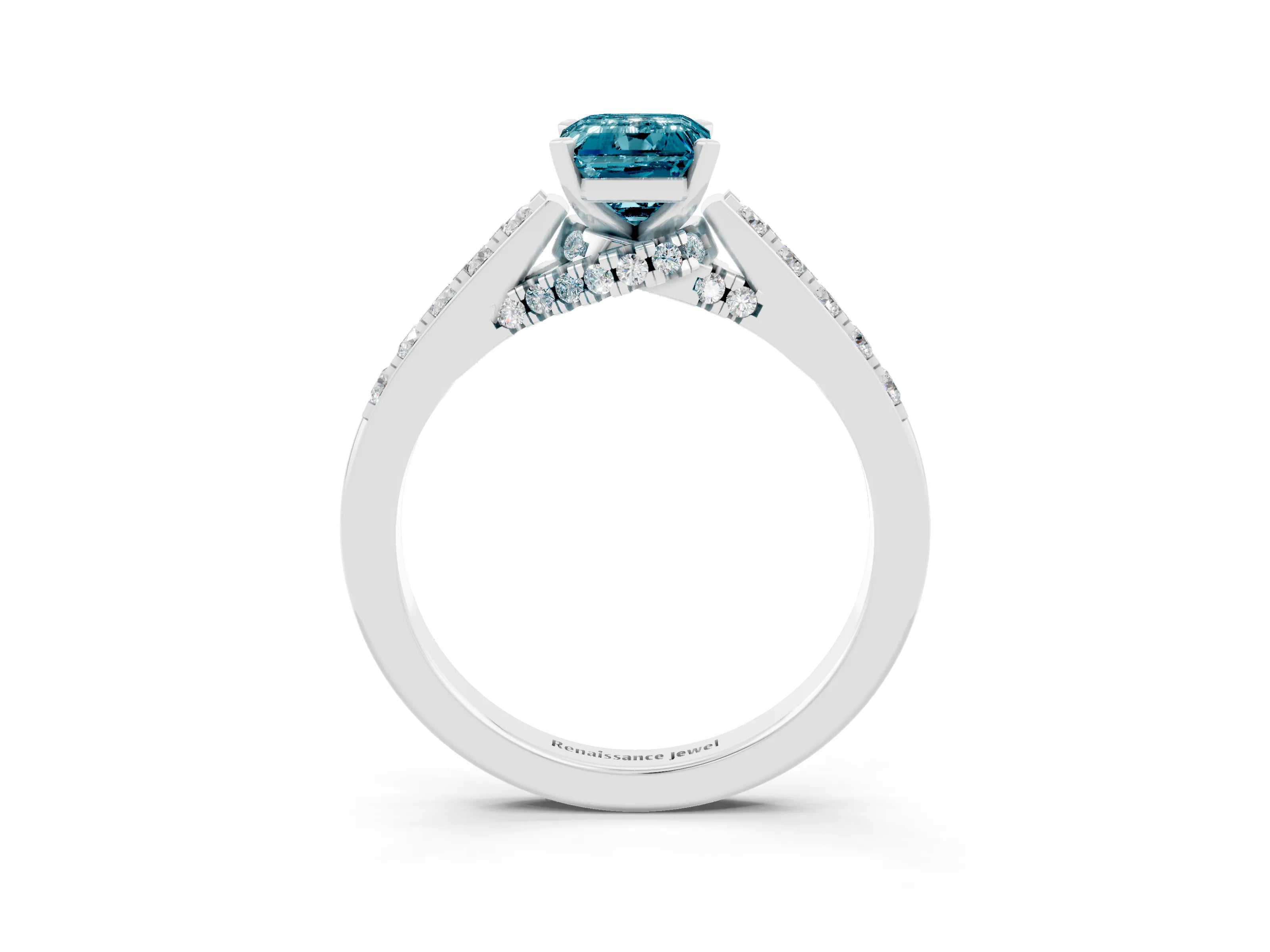 White gold Emerald Cut Diamond Solitaire Ring with Pavé Band and Prong Setting_3