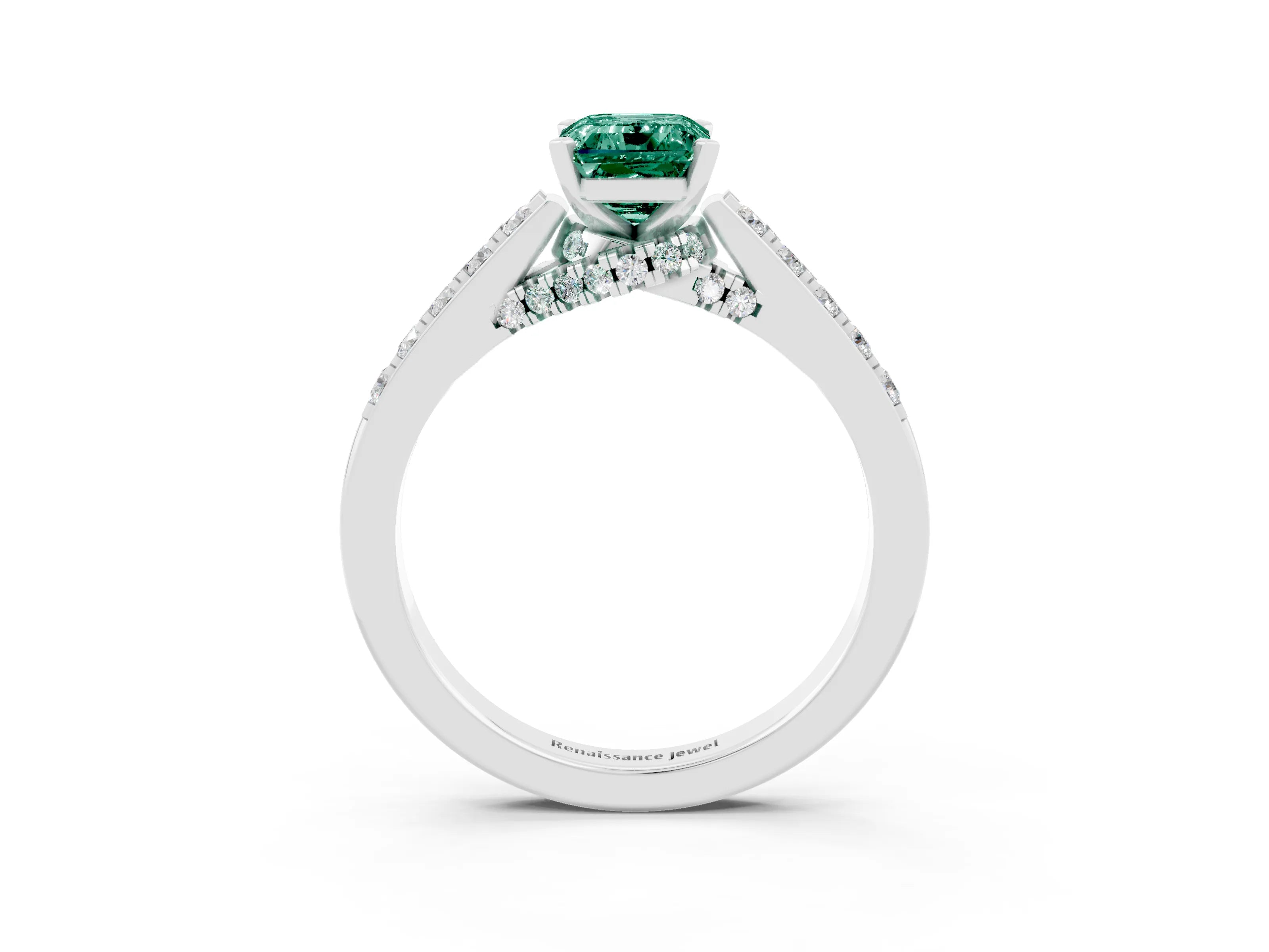 White gold Emerald Cut Diamond Solitaire Ring with Pavé Band and Prong Setting_3