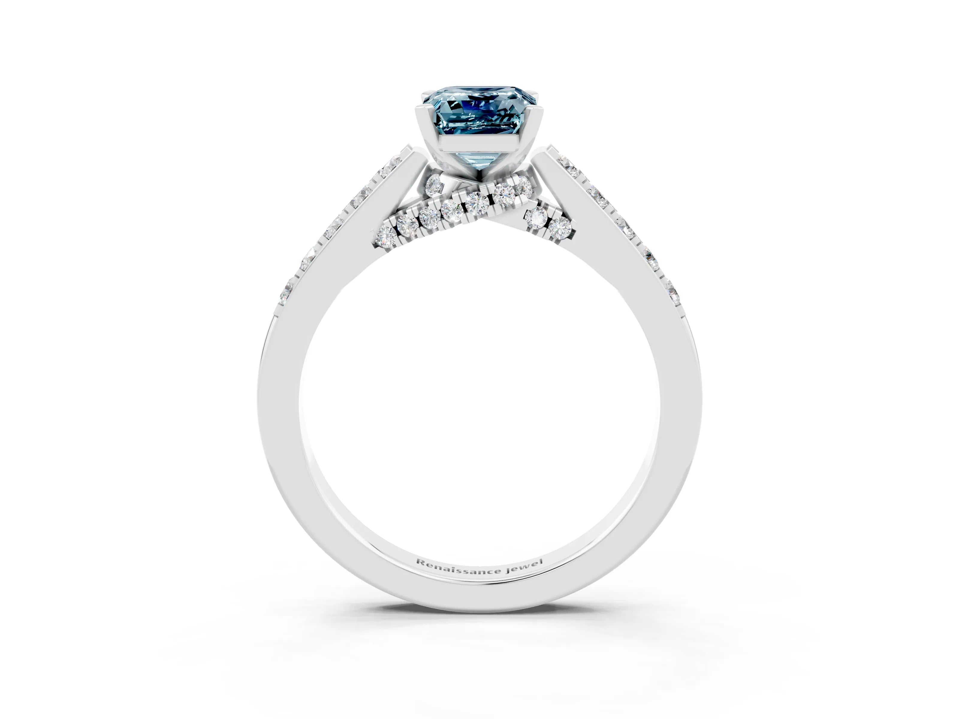 White gold Emerald Cut Diamond Solitaire Ring with Pavé Band and Prong Setting_3
