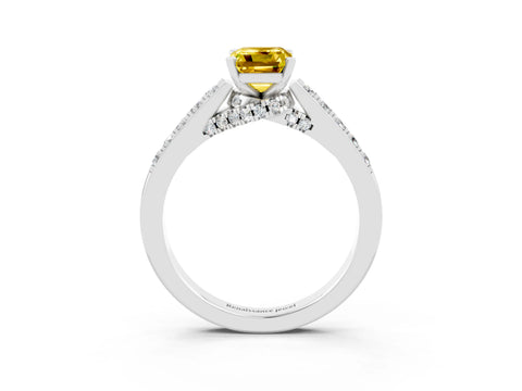 White gold Emerald Cut Diamond Solitaire Ring with Pavé Band and Prong Setting_3
