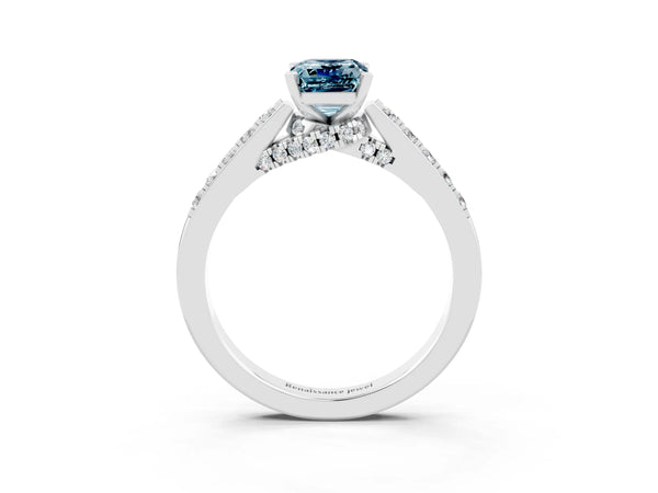 Silver Emerald Cut Aquamarine Solitaire Ring with Crossover Gallery and Round  Pavé Band