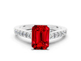 White gold Emerald Cut Diamond Solitaire Ring with Pavé Band and Prong Setting