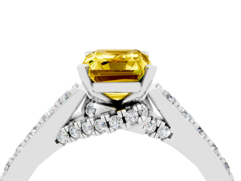 White gold Emerald Cut Diamond Solitaire Ring with Pavé Band and Prong Setting_4