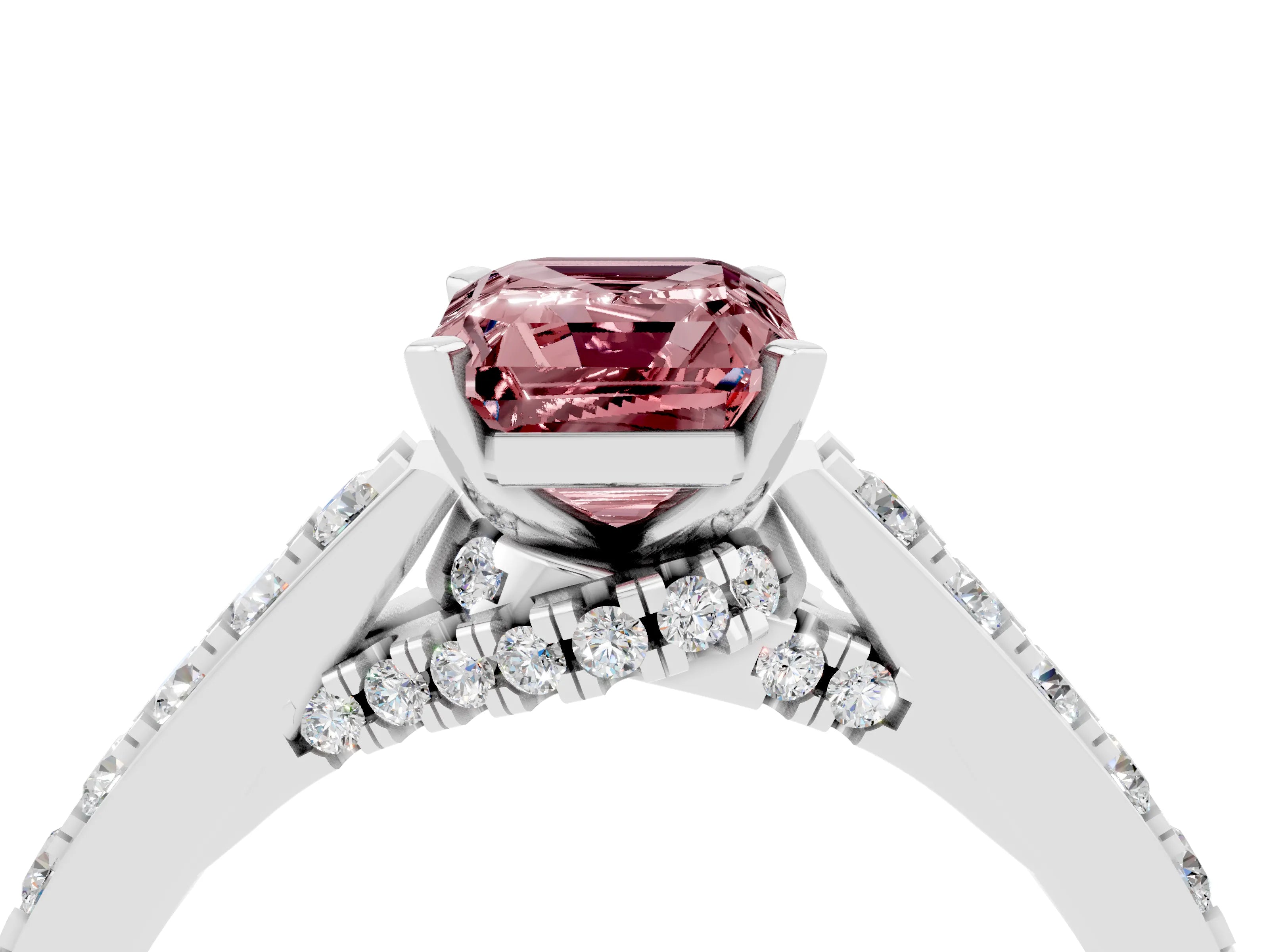 White gold Emerald Cut Diamond Solitaire Ring with Pavé Band and Prong Setting_4
