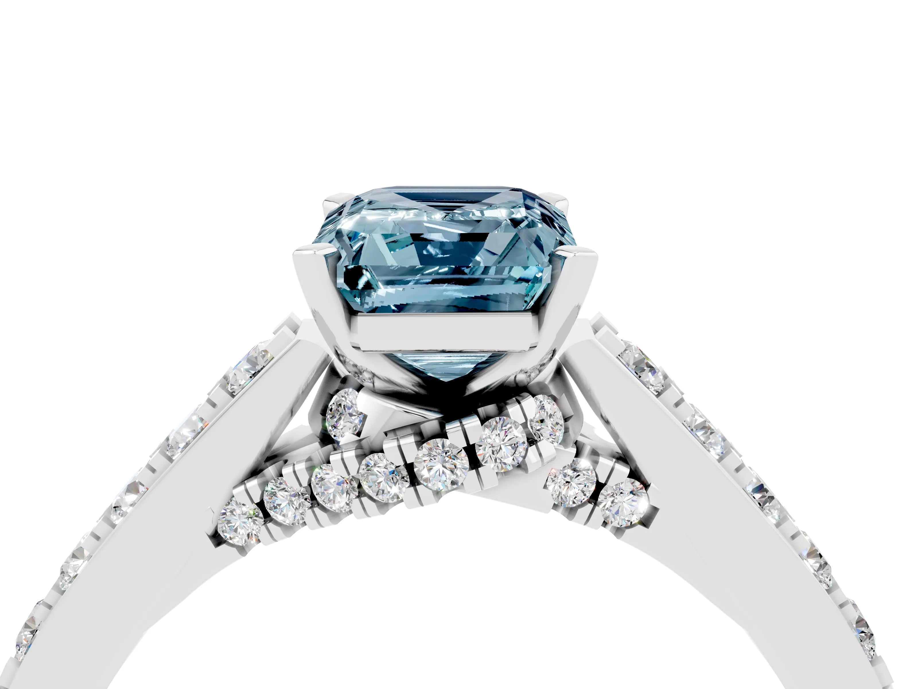 White gold Emerald Cut Diamond Solitaire Ring with Pavé Band and Prong Setting_4