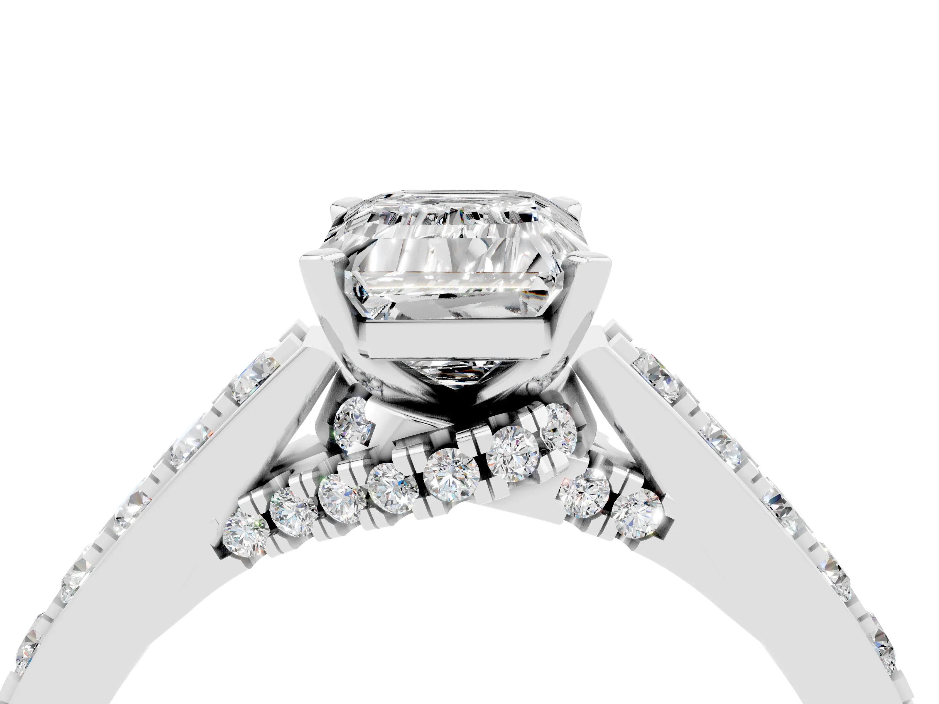 White gold Emerald Cut Diamond Solitaire Ring with Pavé Band and Prong Setting_4
