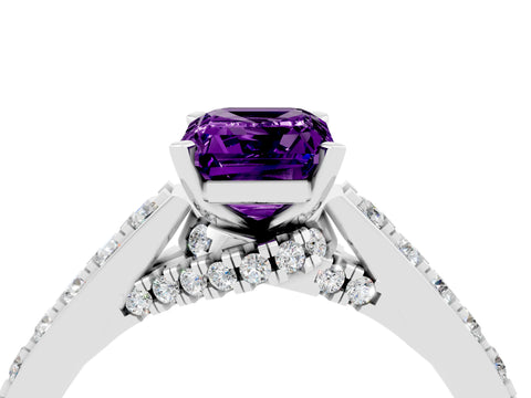 White gold Emerald Cut Diamond Solitaire Ring with Pavé Band and Prong Setting_4