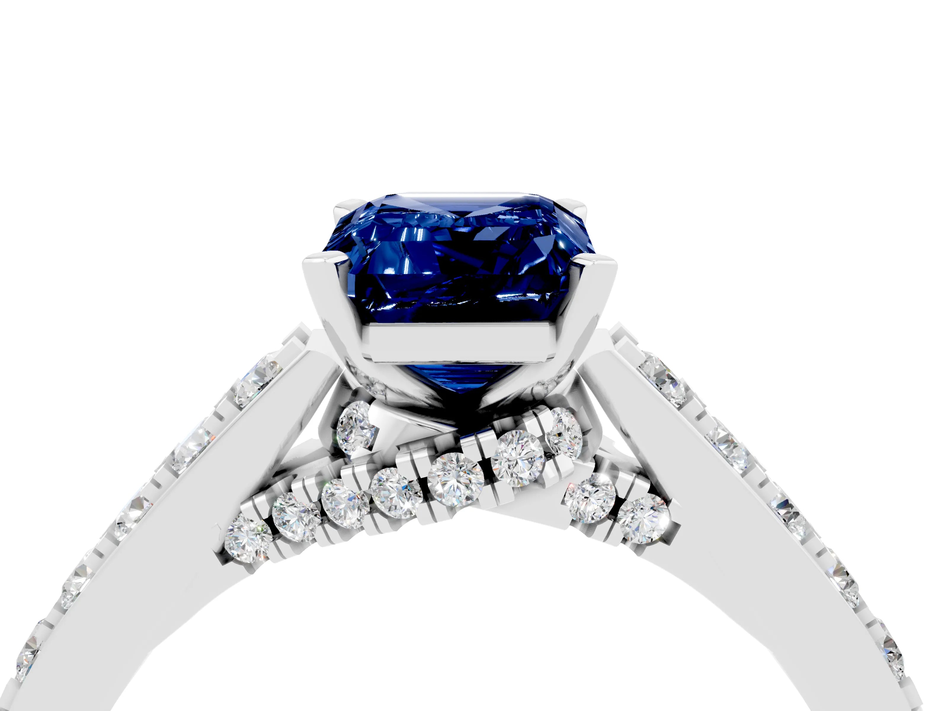 White gold Emerald Cut Diamond Solitaire Ring with Pavé Band and Prong Setting_4
