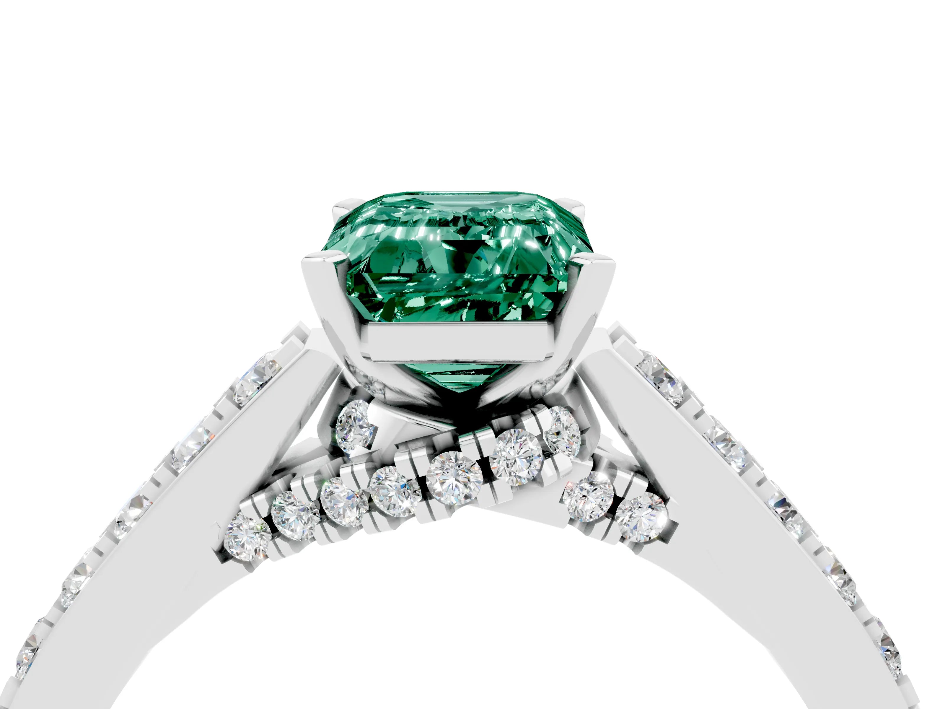 White gold Emerald Cut Diamond Solitaire Ring with Pavé Band and Prong Setting_4