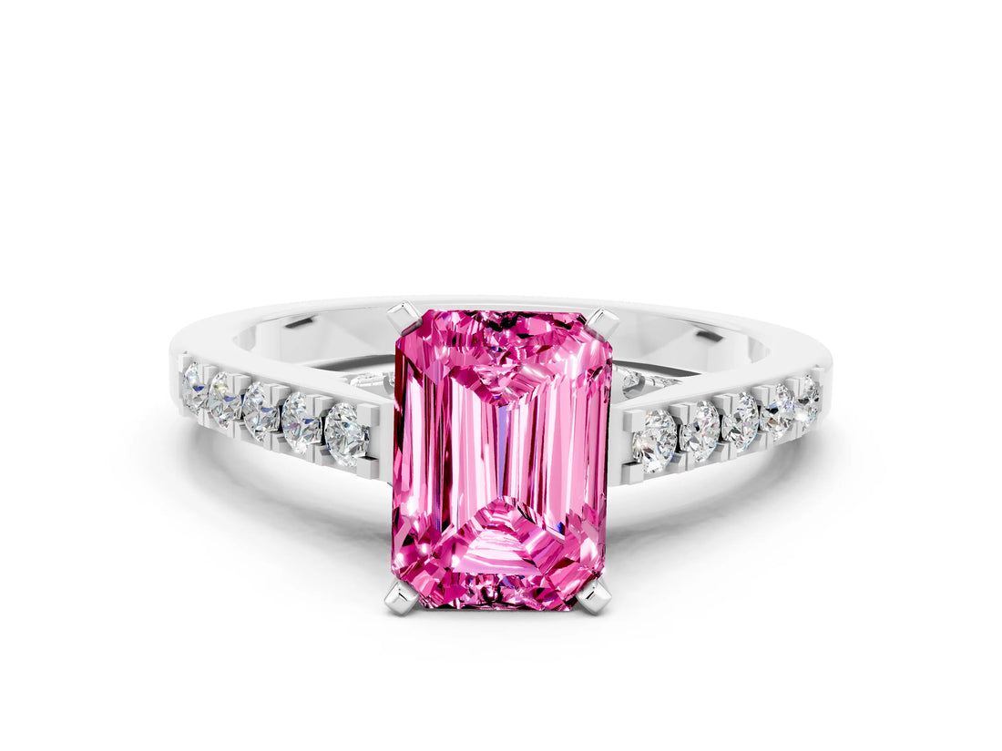 White gold Emerald Cut Diamond Solitaire Ring with Pavé Band and Prong Setting