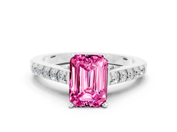 Silver Emerald Cut Pink Sapphire Solitaire Ring with Crossover Gallery and Round  Pavé Band