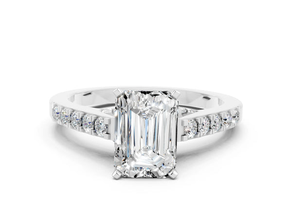 Silver Emerald Cut Moissanite Solitaire Ring with Crossover Gallery and Round  Pavé Band