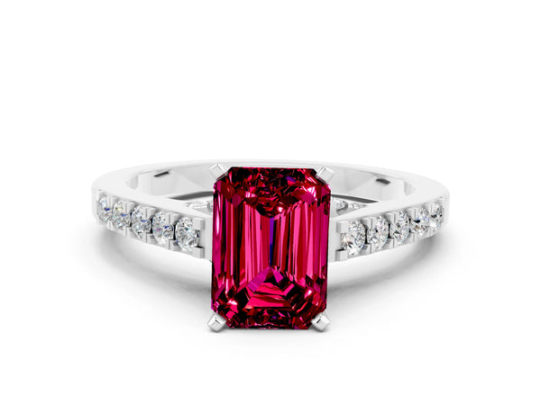 Platinum Emerald Cut Garnet Solitaire Ring with Crossover Gallery and Round  Pavé Band