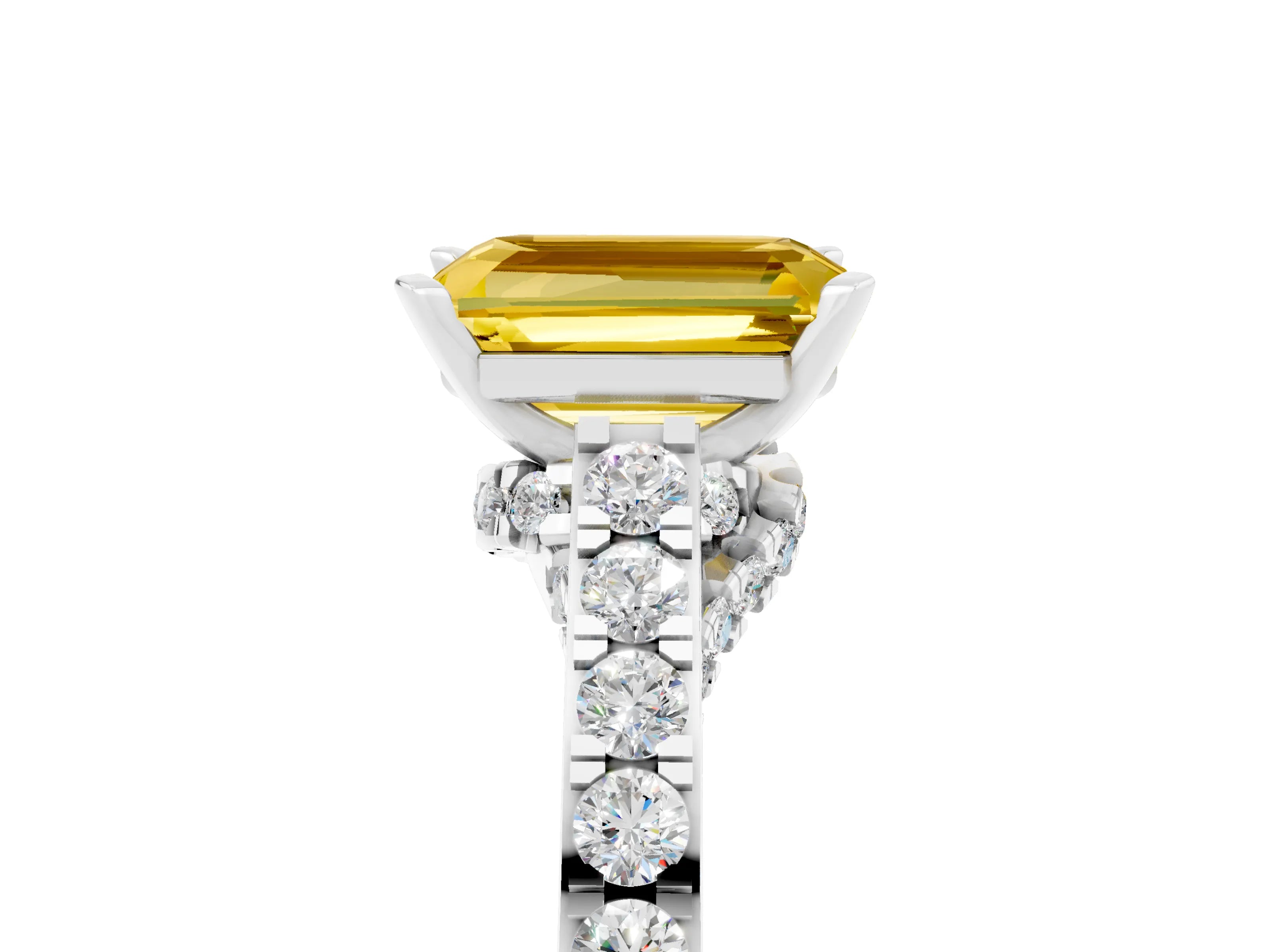 White gold Emerald Cut Diamond Solitaire Ring with Pavé Band and Prong Setting_5