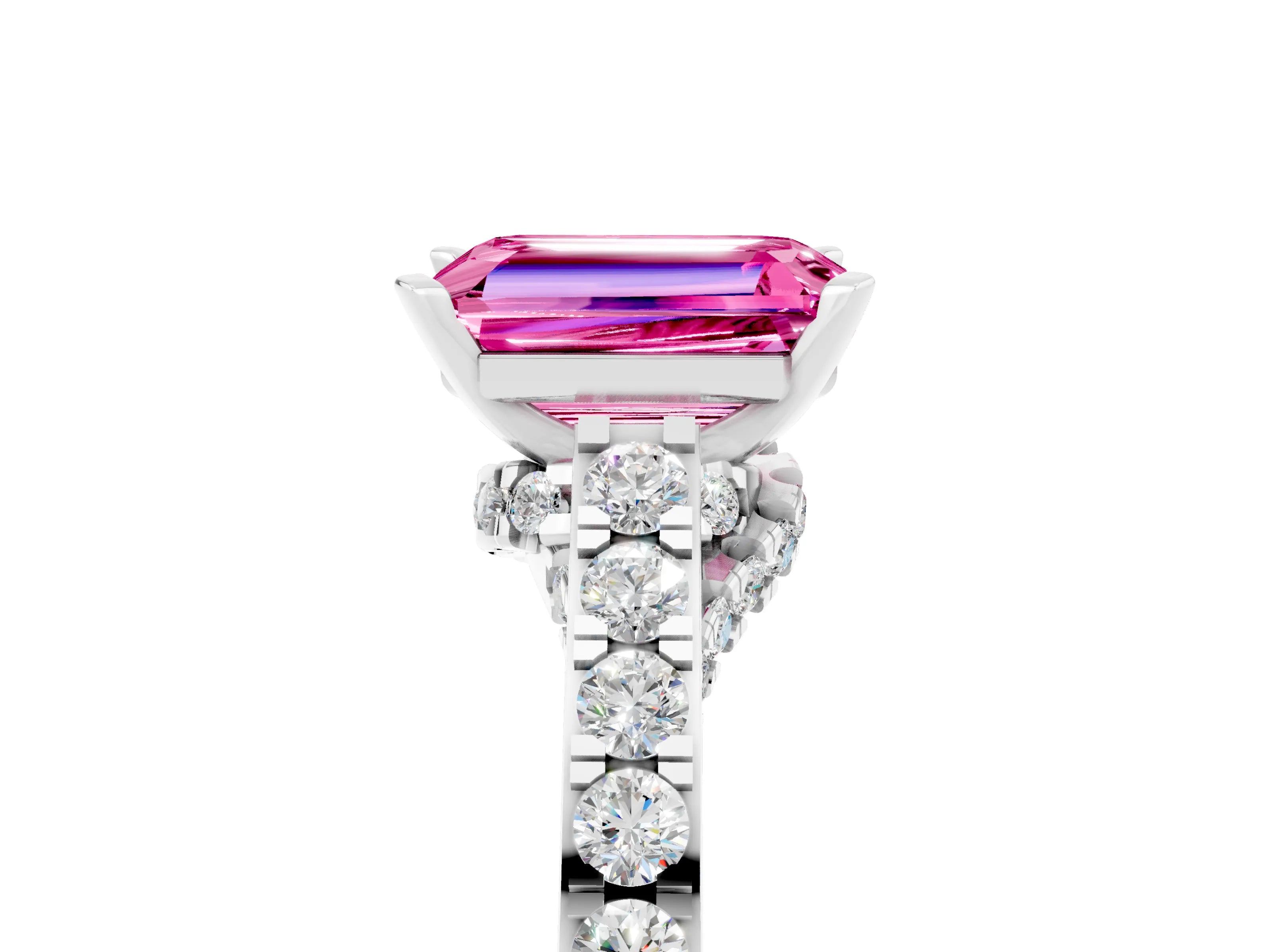 White gold Emerald Cut Diamond Solitaire Ring with Pavé Band and Prong Setting_5