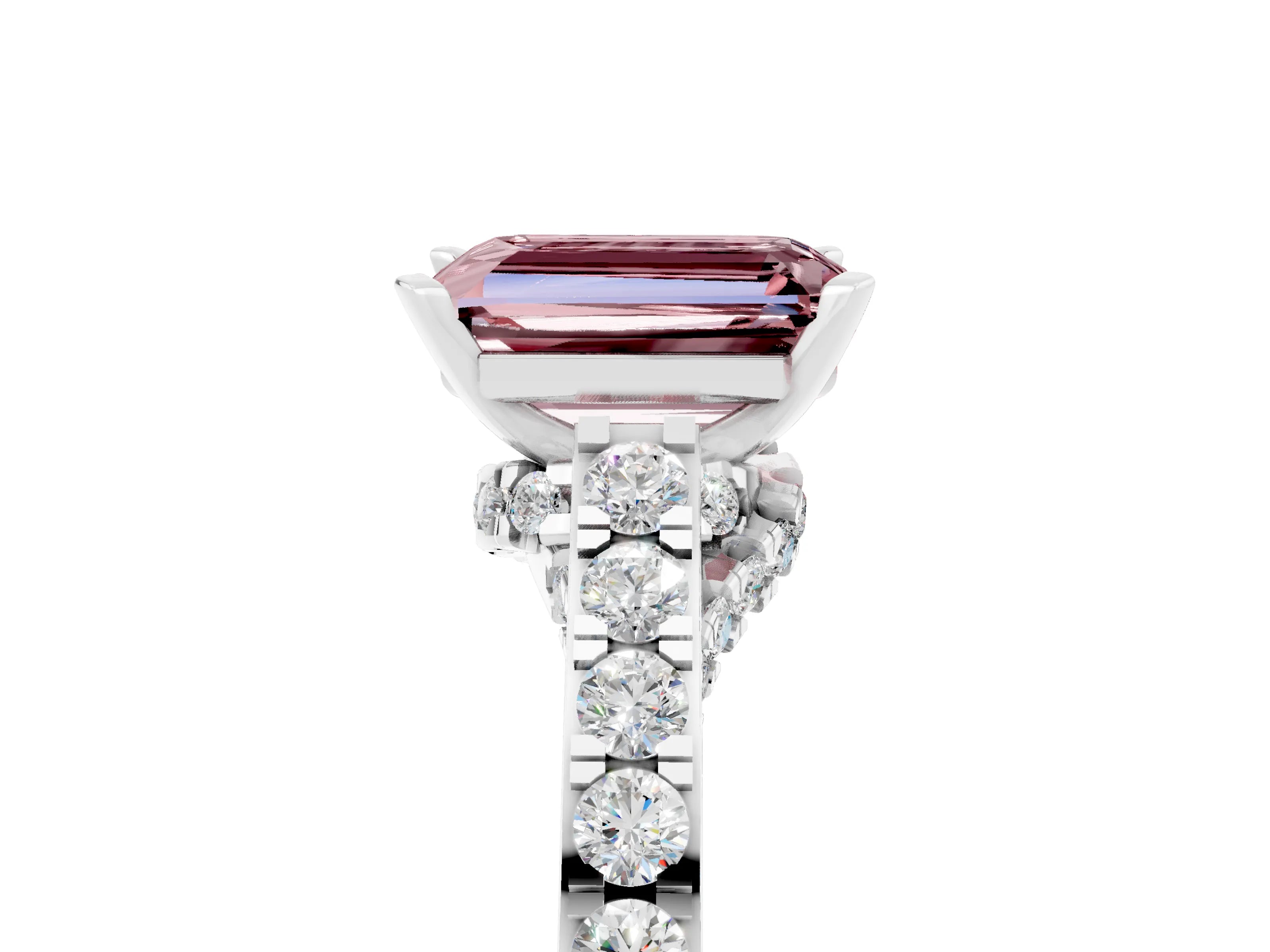 White gold Emerald Cut Diamond Solitaire Ring with Pavé Band and Prong Setting_5