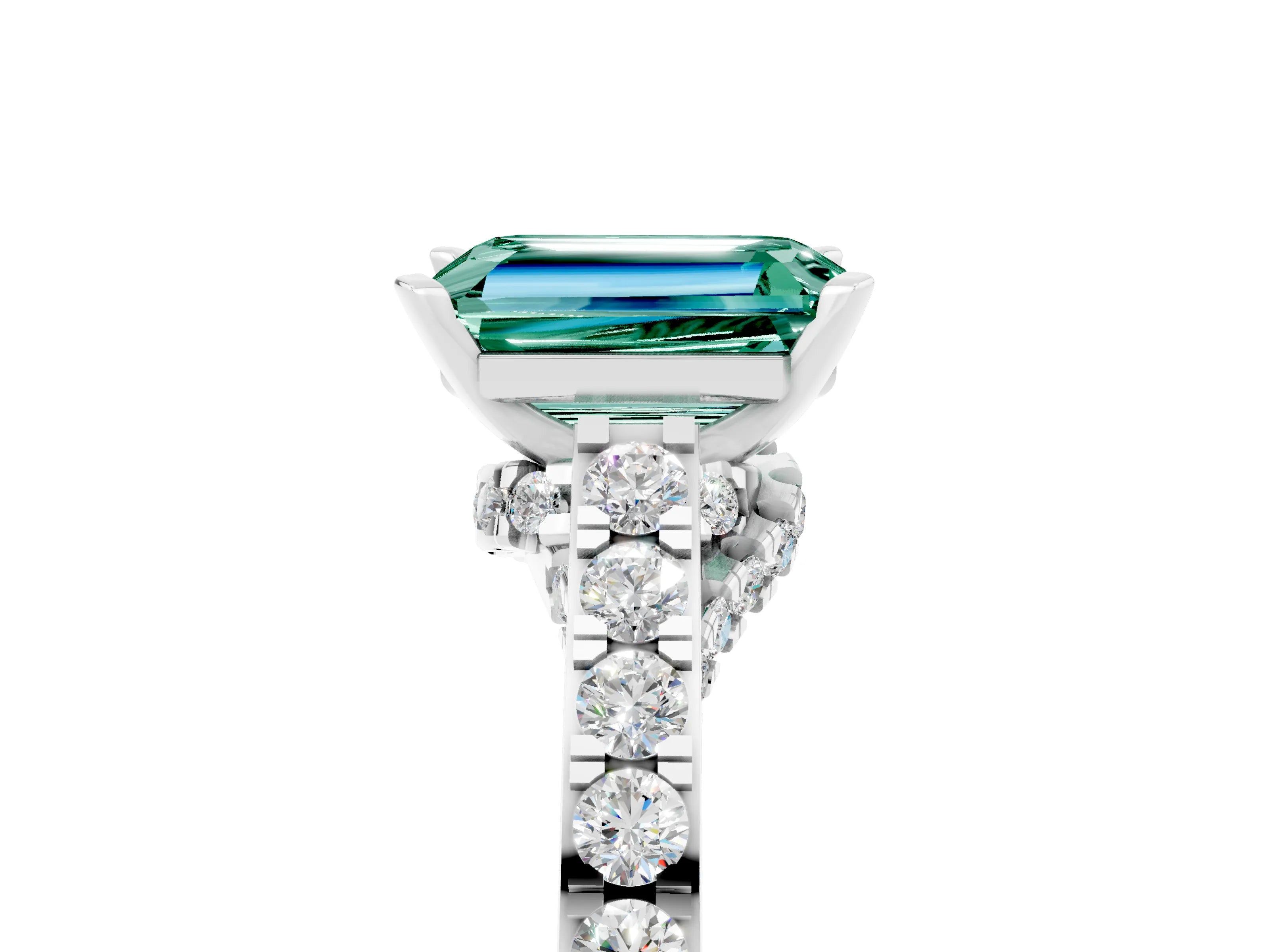 White gold Emerald Cut Diamond Solitaire Ring with Pavé Band and Prong Setting_5
