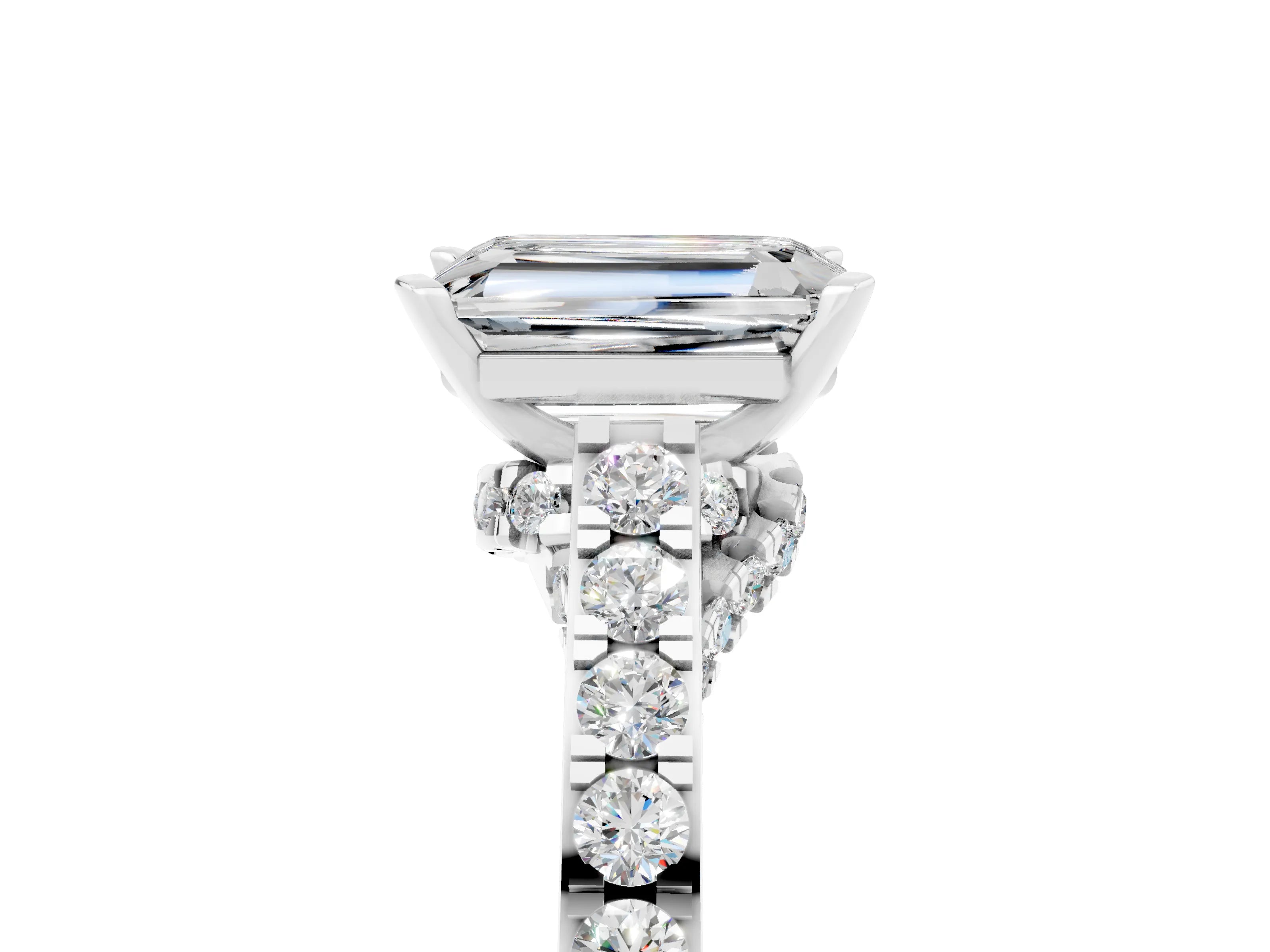 White gold Emerald Cut Diamond Solitaire Ring with Pavé Band and Prong Setting_5