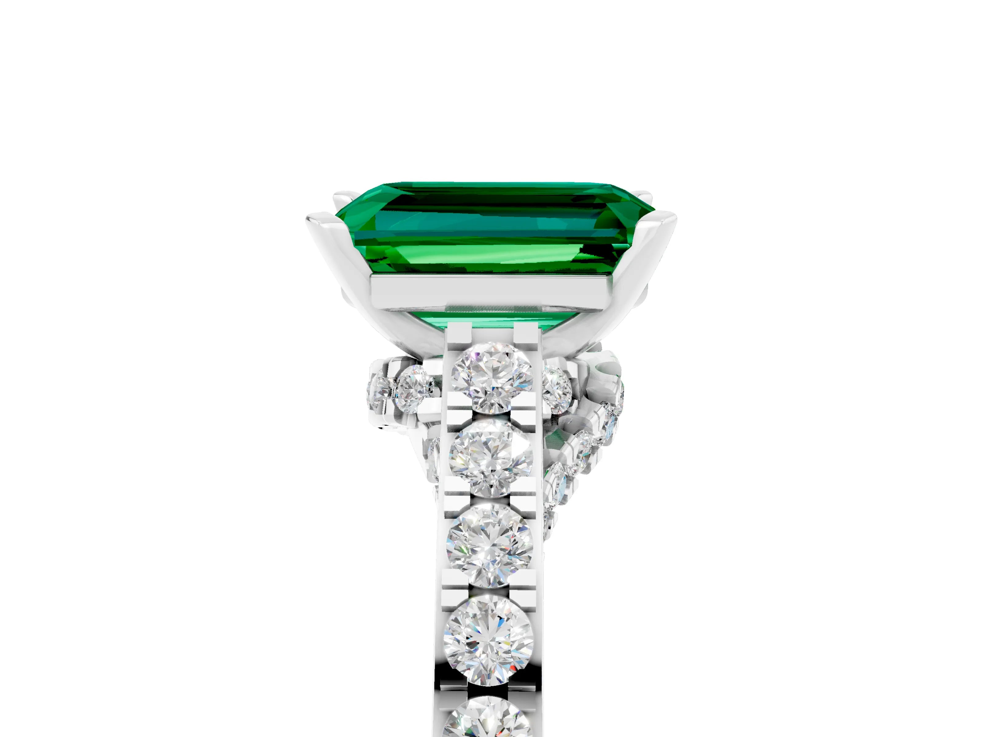 White gold Emerald Cut Diamond Solitaire Ring with Pavé Band and Prong Setting_5