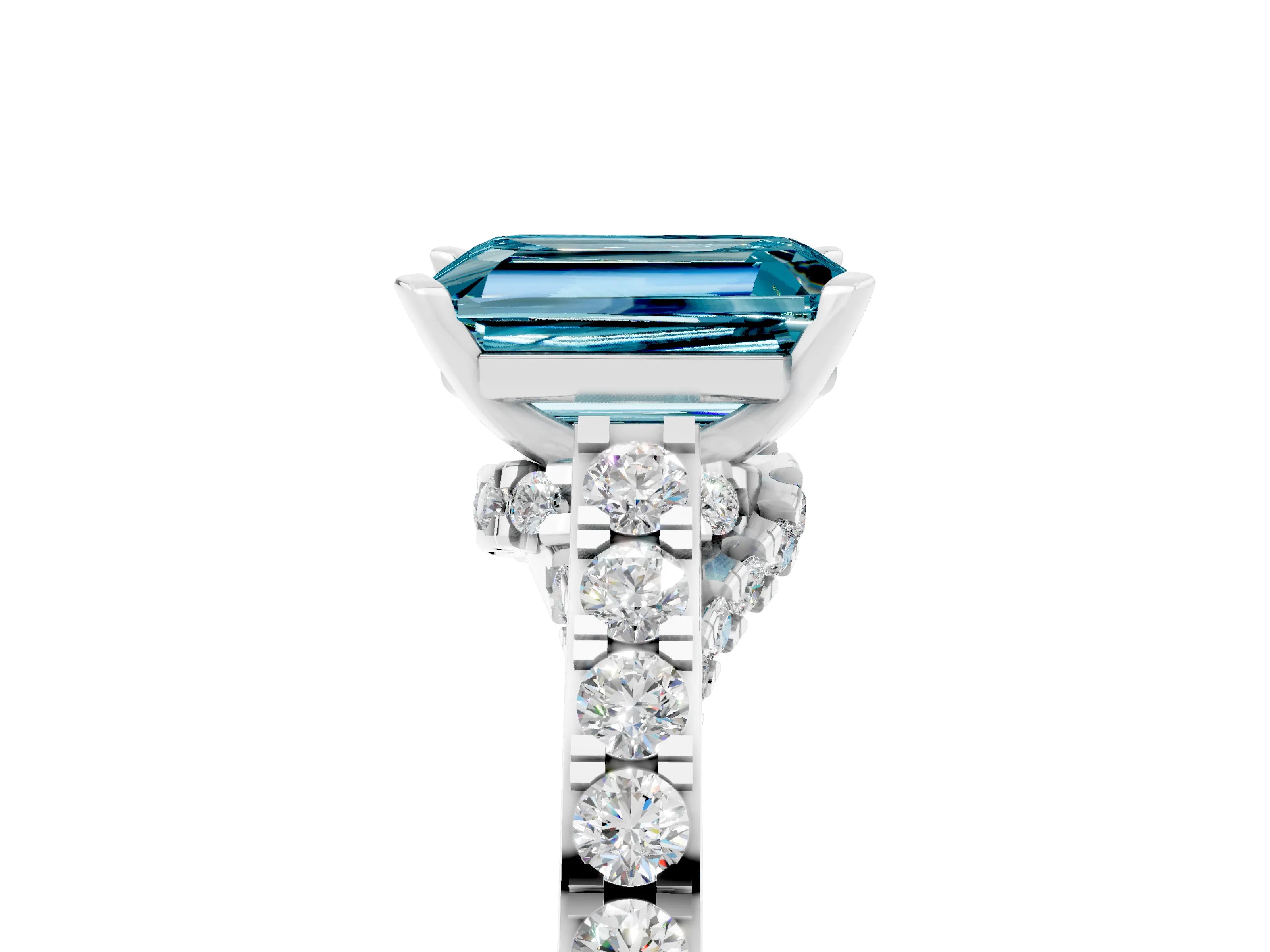 White gold Emerald Cut Diamond Solitaire Ring with Pavé Band and Prong Setting_5