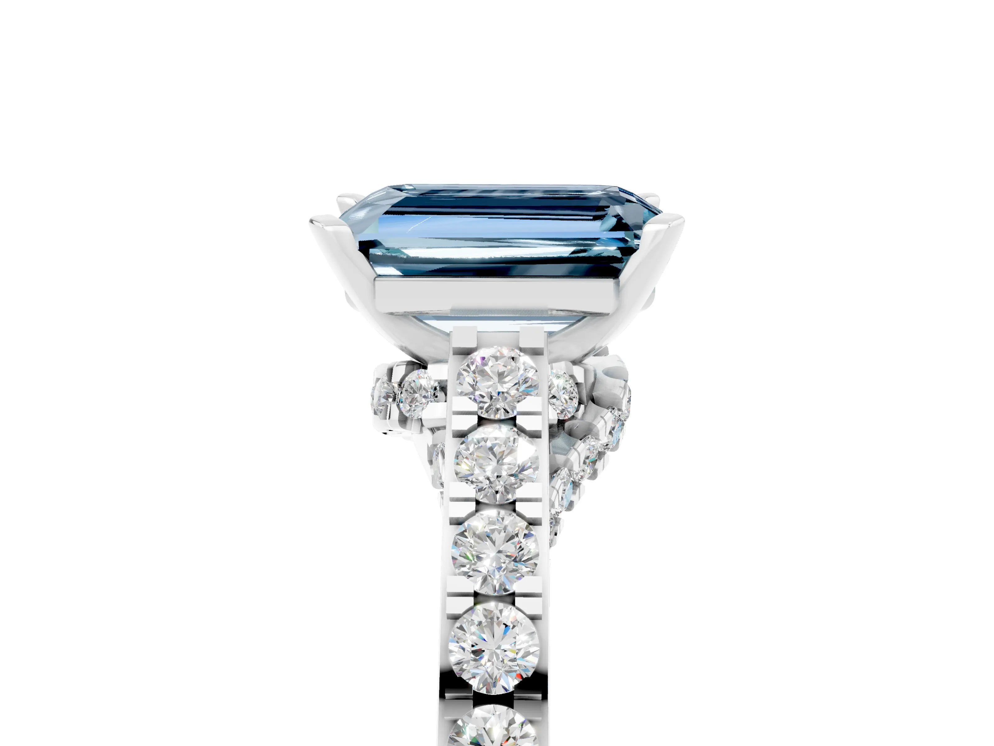 White gold Emerald Cut Diamond Solitaire Ring with Pavé Band and Prong Setting_5