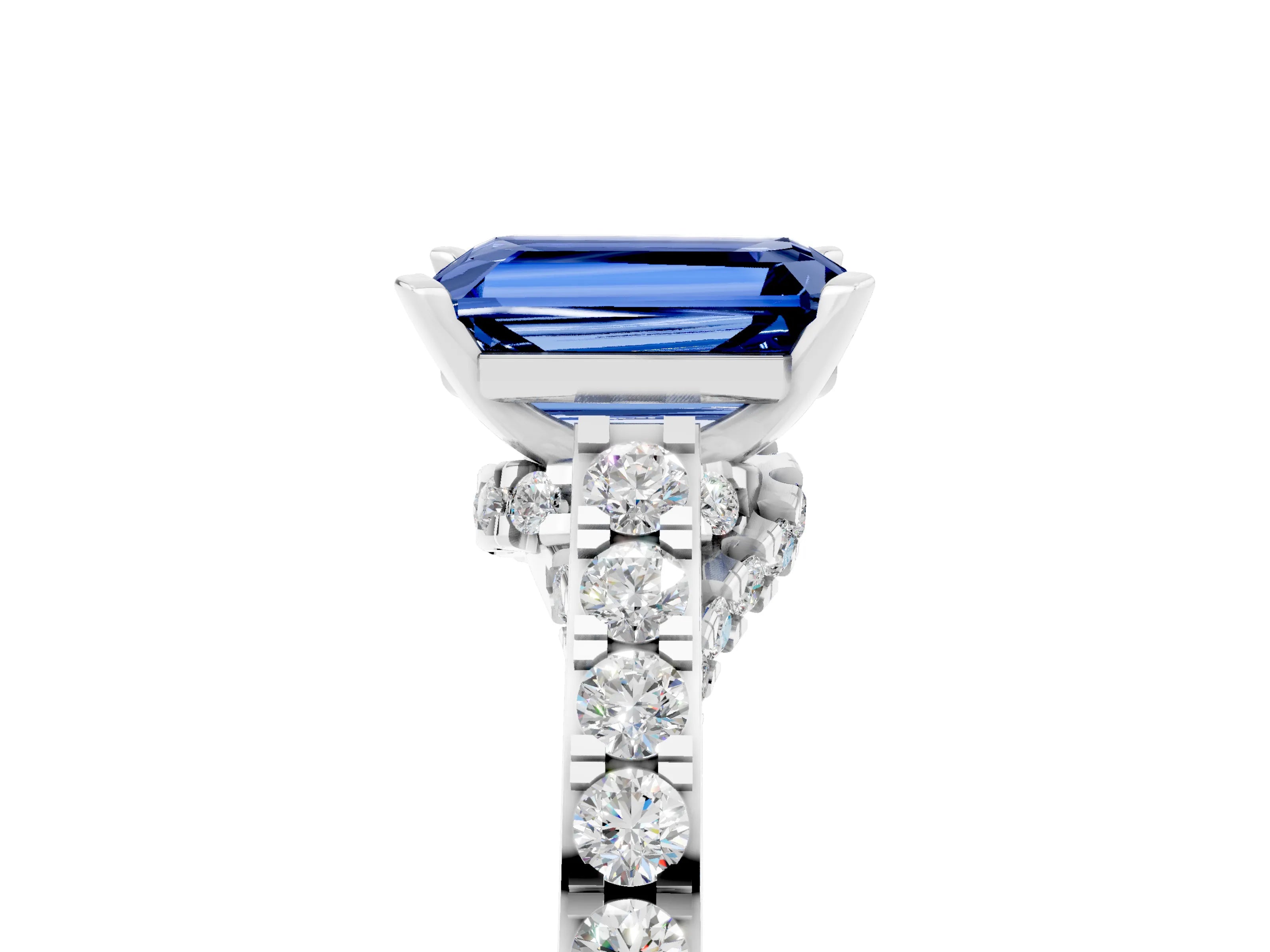 White gold Emerald Cut Diamond Solitaire Ring with Pavé Band and Prong Setting_5