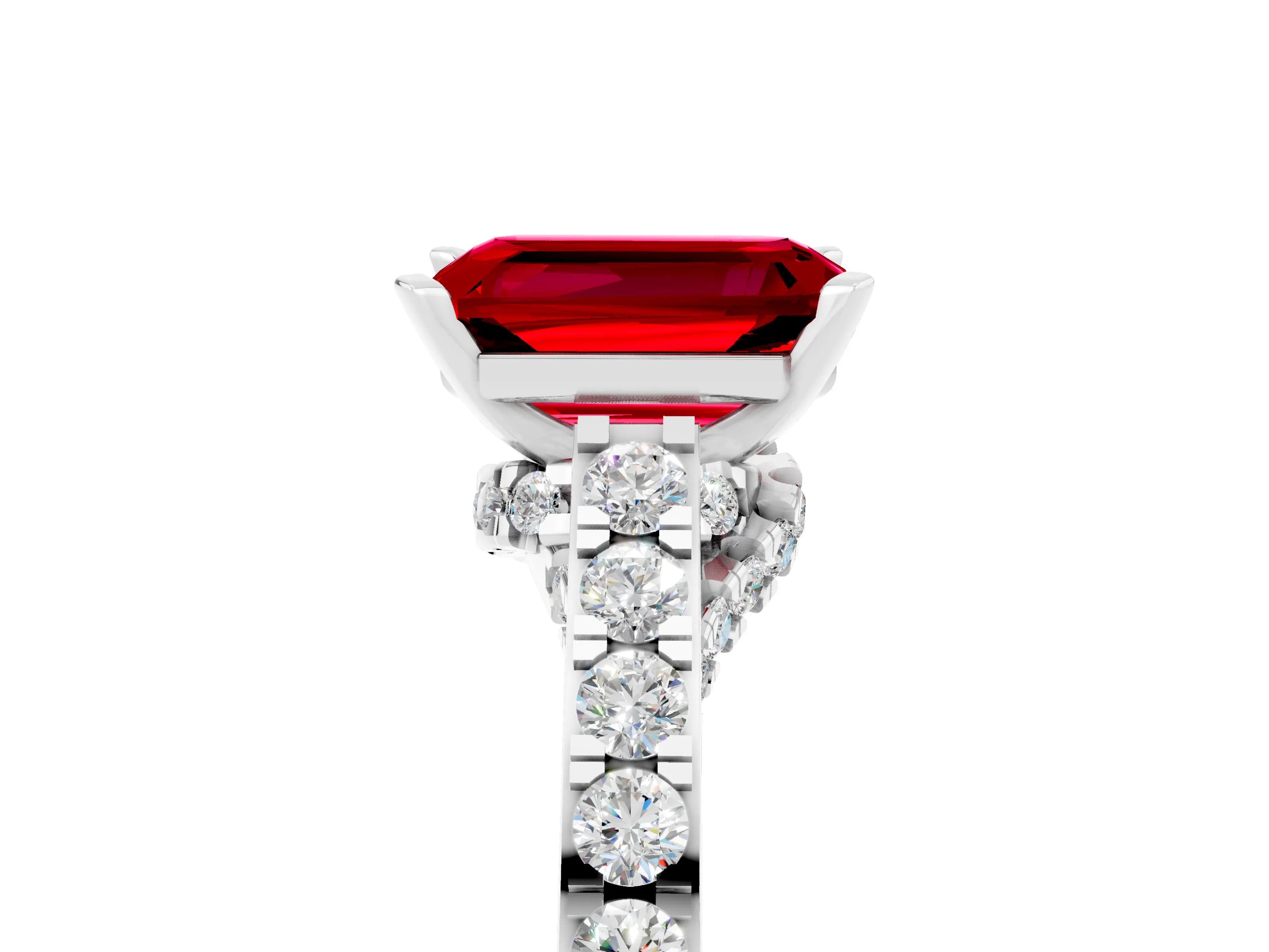 White gold Emerald Cut Diamond Solitaire Ring with Pavé Band and Prong Setting_5