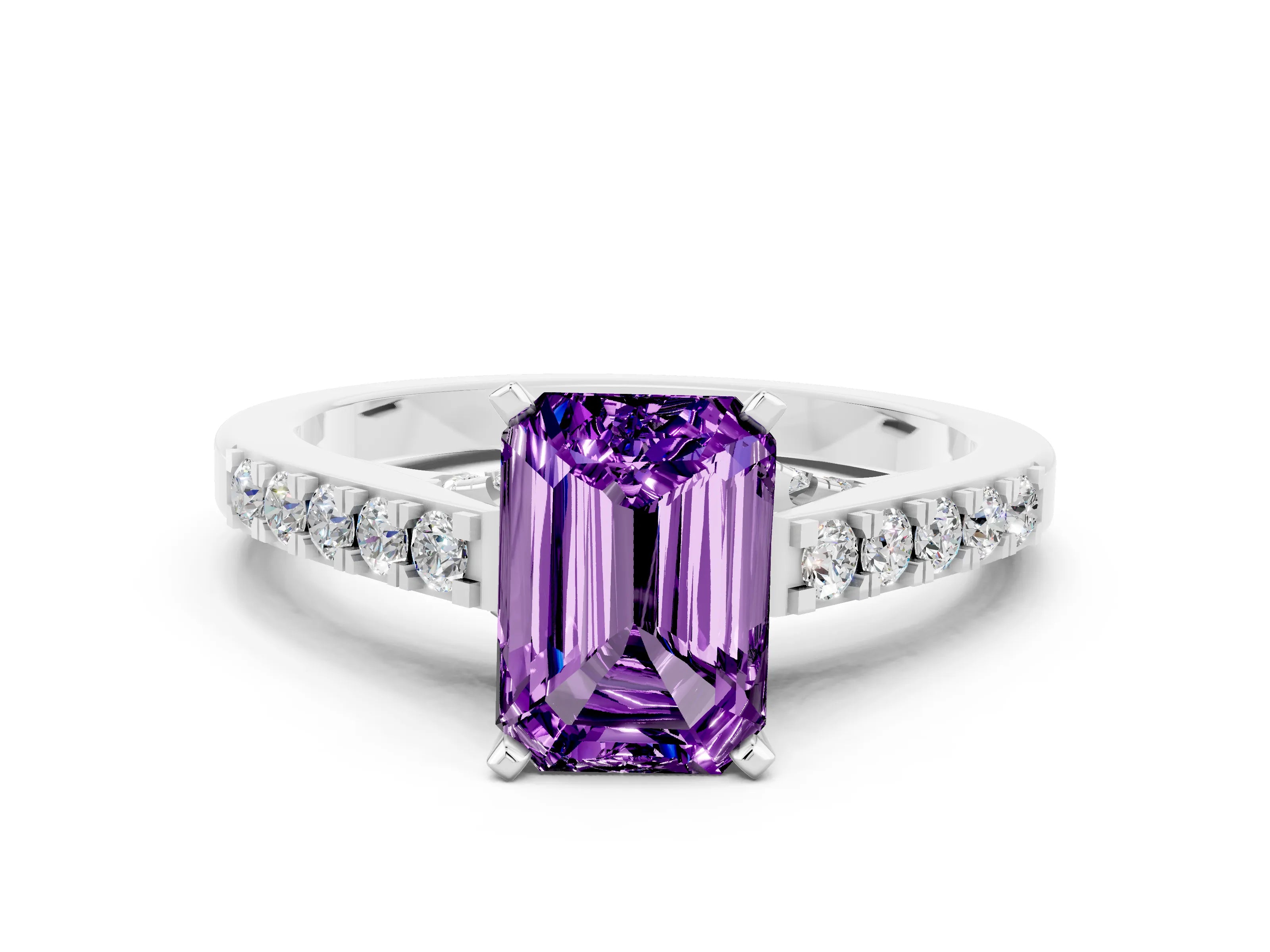 White gold Emerald Cut Diamond Solitaire Ring with Pavé Band and Prong Setting