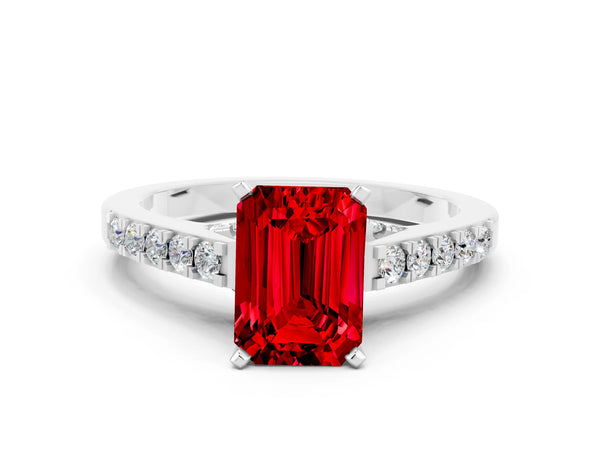 Platinum Emerald Cut Ruby Solitaire Ring with Crossover Gallery and Round  Pavé Band