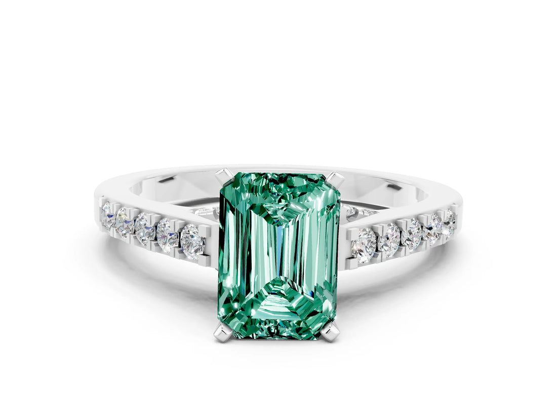 White gold Emerald Cut Diamond Solitaire Ring with Pavé Band and Prong Setting