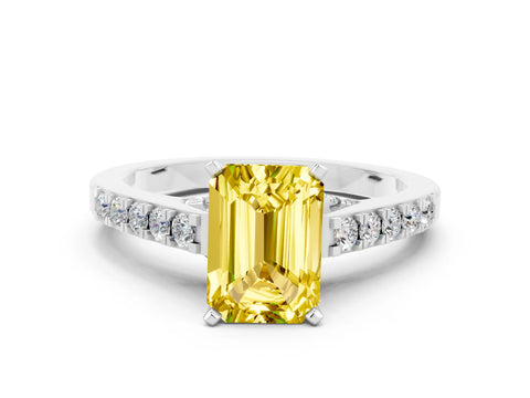 White gold Emerald Cut Diamond Solitaire Ring with Pavé Band and Prong Setting