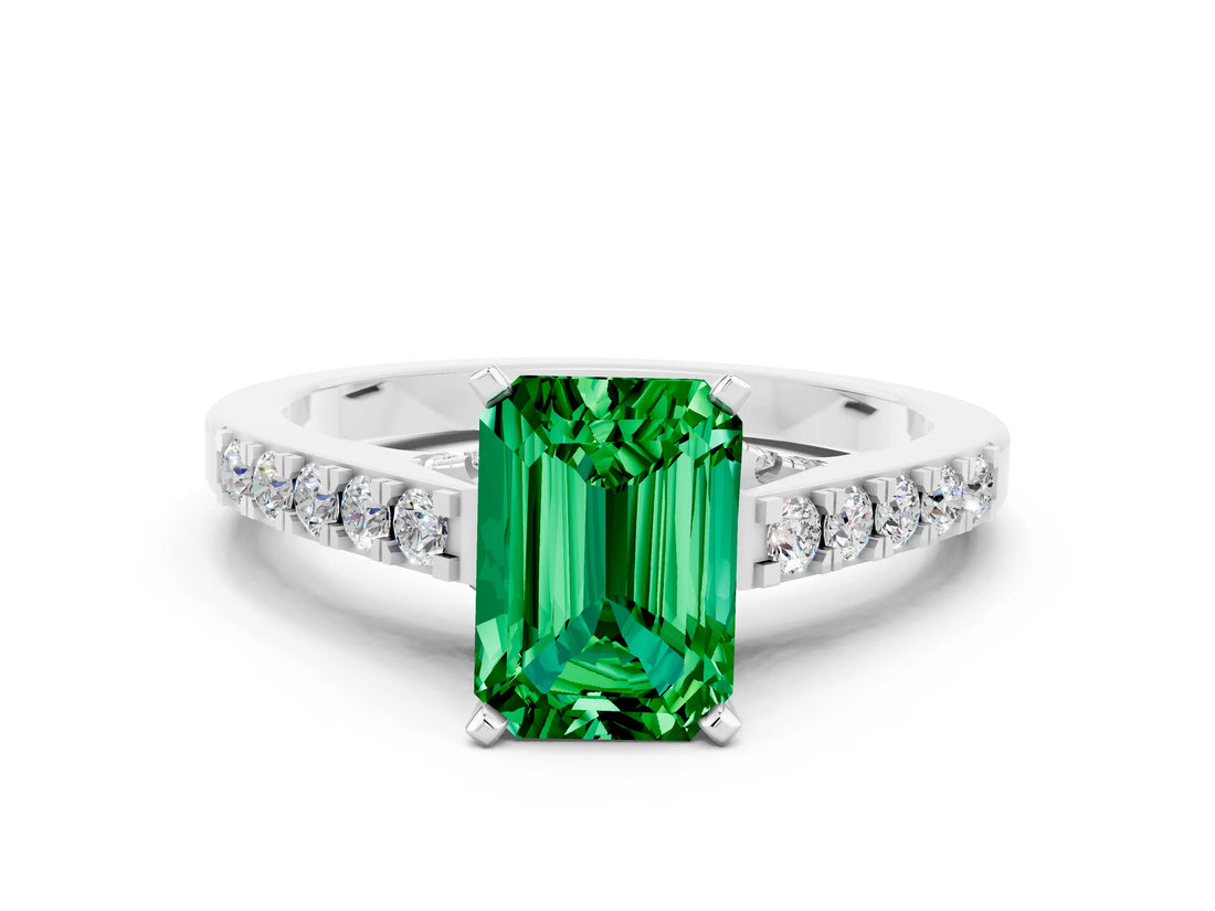 White gold Emerald Cut Diamond Solitaire Ring with Pavé Band and Prong Setting